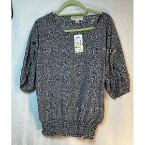 Michael Kors BlackWhite PebblePrint Smocked Blouse Grommet Tie Sleeve SS94BR9C6X